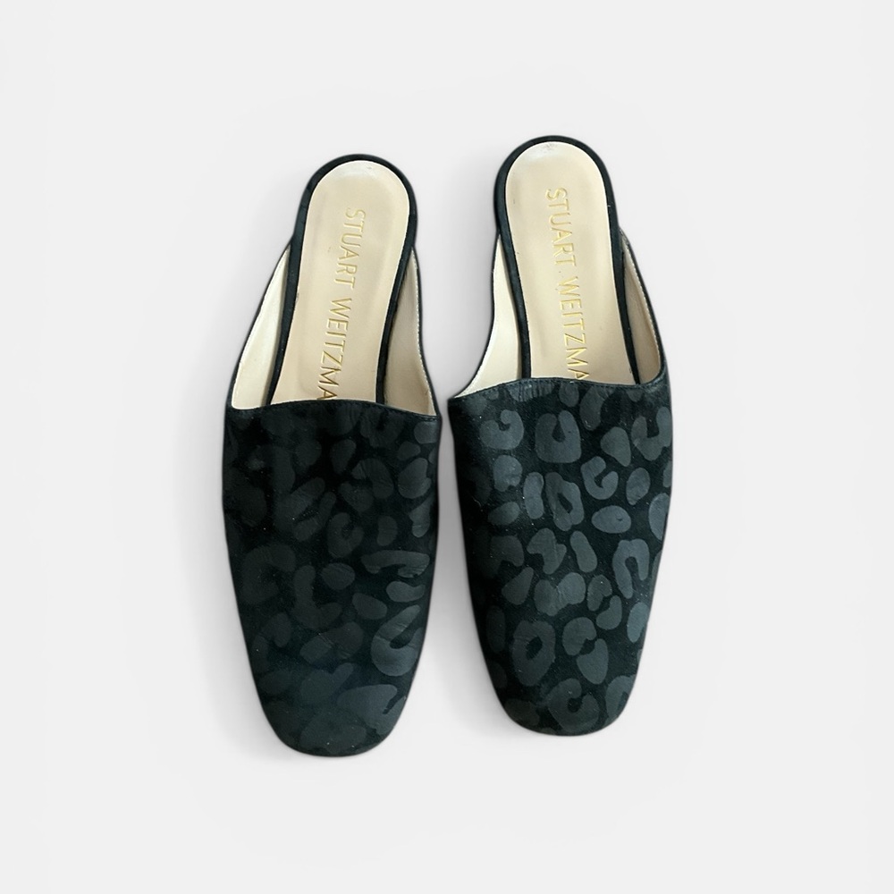 Stuart Weitzman Black Leopard-Print Slip-On Mules
